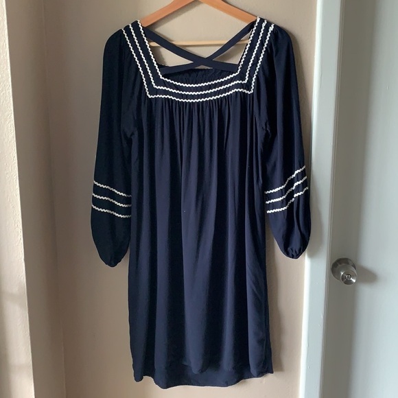 LOFT Nautical Long Sleeve Cris-Cross Back Dress - Picture 6 of 7